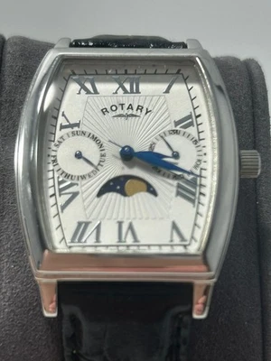 Rotary Moonphase Men’s Quartz Watch Roman Numeral White Dial Stainless Tonneau - Image 1 of 4