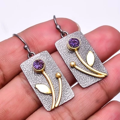 Pendiente Drusy Plata 925 Plata Titanio Púrpura Chapado en Oro y Negro 1.56" E29 Foto 1 de 4