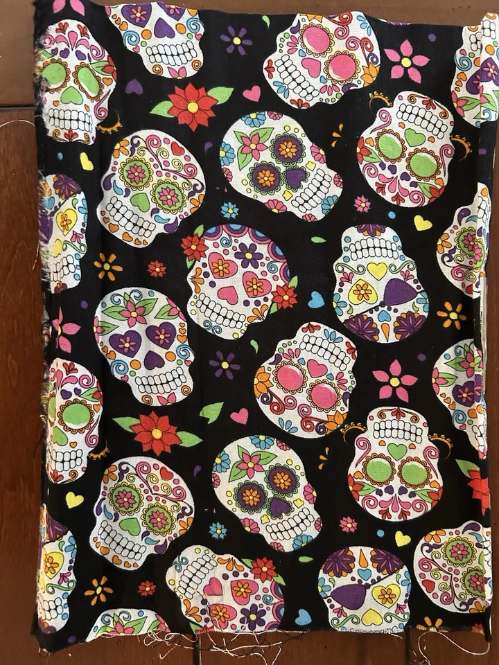Fabric Day of the Dead Skulls on Black Cotton 18 "x 21" crafters square - Image 1 of 1