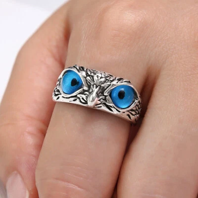 Blue Eye Owl Silver Boho Stack Plain Above Knuckle Ring Midi Finger Tip - Image 1 of 4