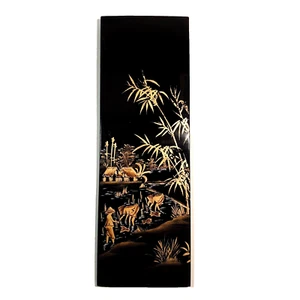 Black Lacquered Wood Wall Plaque w/ Scene of Farmers Planting Rice 11.75"x4" - Picture 1 of 4