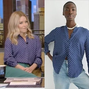 J Crew drapiertes Cupro-Mischung Rüschenbesatz Shirt Größe Small neu marineblau Punkte ASO - Bild 1 von 7