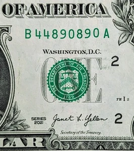 2021 1 $ Schein ausgefallene Seriennummer, Geburtstag Datum Schein 4. April 1989 Repeater - Bild 1 von 3