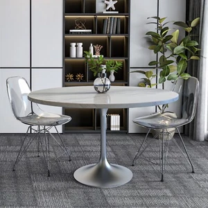 LeisureMod Verve Round Dining Table with White Resin Top and Brushed Chrome Base - Picture 1 of 8