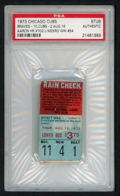 1973 Chicago Cubs vs Atlanta Braves Ticket Stub Hank Aaron HR#702 PSA AUTH - Image 1 of 2