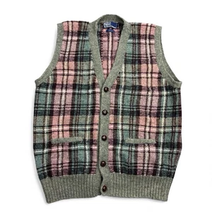 Vintage 90s Polo Ralph Lauren Sweater Vest Men’s Medium Pink Green Wool Plaid - Picture 1 of 8
