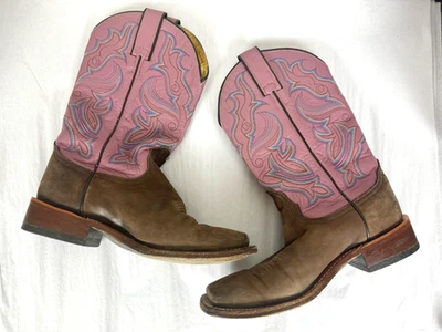 Nocona Women’s Pink/Brown Square Toe Leather Cowboy Boots Size 7 B - Image 1 of 4