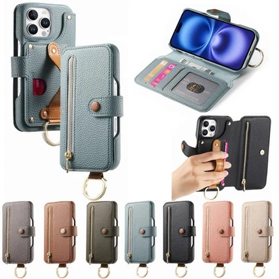 for iPhone 17 8 Plus XS Max 11 16 14 Zip Wallet Cover with Ring & Wristband Case - Image 1 of 4