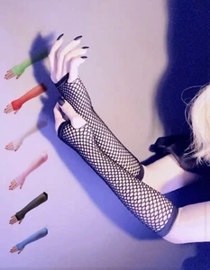 Women Girl Long Fingerless Net Fishnet Mesh Wrist Arm Dance disco Party Gloves - Picture 1 of 32