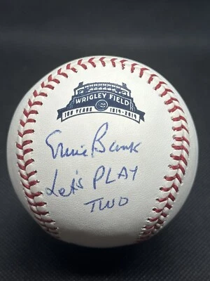 Ernie Banks Lets Play Two Wrigley Field 100th Logo Signed Baseball JSA LOA - Image 1 of 4
