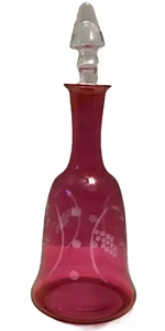 Vintage Decanter Cranberry Ruby Red Etched to Clear Wine Art Glass Barware - Picture 1 of 5