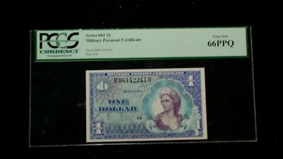 PCGS GEM 66 PPQ SERIES 661 ONE DOLLAR MILITARY PAYMENT CERTIFICATE $1 NOTE! - Image 1 of 4