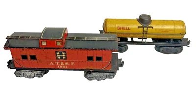 Marx O /027 Mar Lines Lot of Two Tin Santa Fe Caboose # 1951 & Shell Tank Car - Image 1 of 4