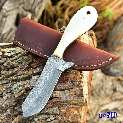 Damascus Steel hunting fixed blade survival bull Cutter knife Camel Bone Handle - Image 1 of 4
