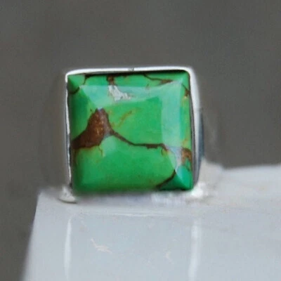 Solid 925 Sterling Silver Natural Green Turquoise Gemstone Partywear Men's Ring - Image 1 of 4
