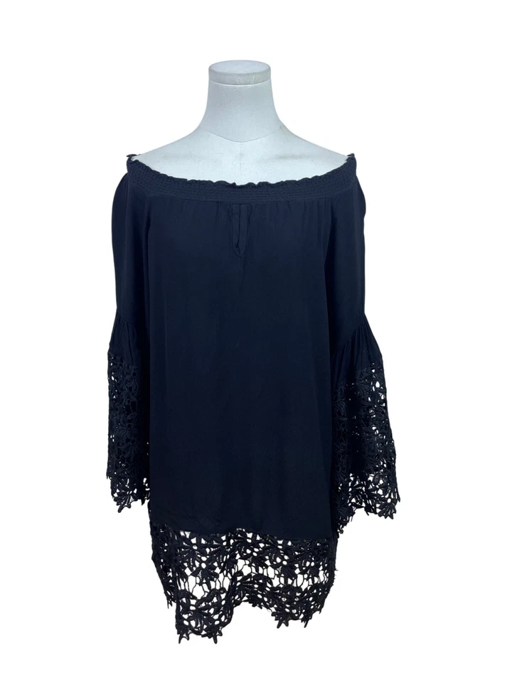 Blusa Colleen Lopez Negra Mujeres Hombro Descubierto Encaje Borde Mangas Campana Fluidas Talla M Foto 1 de 4