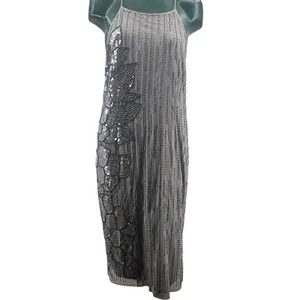 Adrianna Papell Halter Beaded Sequin Midi Evening Dress Silver Women's 14 3130 - Picture 1 of 13
