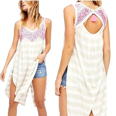 Camisa Free People Feminina Grande Marfim Rosa Bordada Nativa Sol Túnica Longa Boho - Imagem 1 de 4