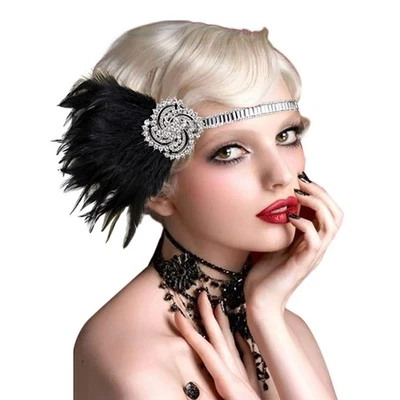 Vintage Bridal Feather Headband Flapper Headpiece Gangster Ladies Elastic Hai... - Image 1 of 4