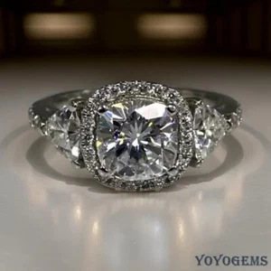 Cushion Cut VVS1 3.50 Carat Moissanite Halo Engagement Ring Solid 14K White Gold - Picture 1 of 10