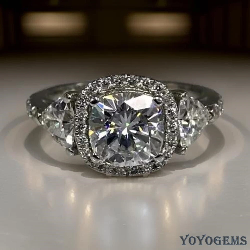 Solid 14K White Gold Moissanite Three Stone Engagement Ring 3.50 CT Cushion Cut - Image 1 of 4