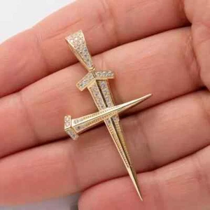 1.80Ct Round Cut Lab-Created Diamond Nail Cross Pendant 14k Yellow Gold Plated - Picture 1 of 4
