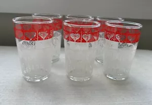 50er Jahre 6er Set Spaziergang im Park Becher rot/weiß 6 Oz Gläser - Bild 1 von 6