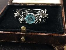 Vintage Style Blue Topaz And Zircon Leafs Ring 18K White Gold Plated