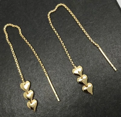 Heart pull through drop earrings, gold on solid Sterling Silver, threader, new. - Image 1 of 4