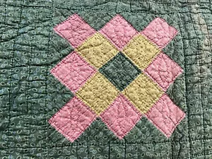 Vintage Cutter Quilt Piece 82”x 68” Nice Quilting Green Cream Worn & Tattered - Picture 1 of 11