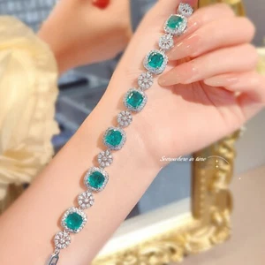 Luxury Jewelry High Carbon Neon Green Citrine Gems Charm Women Silver Bracelets - Picture 1 of 6