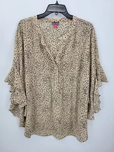Vince Camuto Top Womens Plus 3X Tan Animal Print Ruffle Sleeve Popover Blouse - Picture 1 of 8
