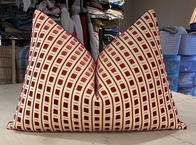ONE SCALAMANDRE RED "PITTI" GEOMETRIC FRENCH CUT VELVET CUSTOM BOLSTER PILLOW - Image 1 of 2