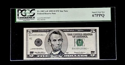 1999 $5 Dollar Star Note PCGS 67 Superb Gem Serial BA00910586* Reserve Boston - Image 1 of 2