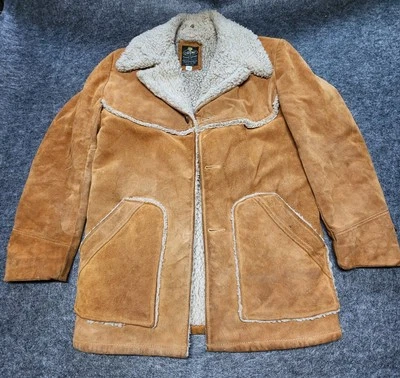 男式复古 Cooper Sportswear 棕褐色柏尔内衬皮革麂皮绒牧场外套 38 — 第 1/4 张图片