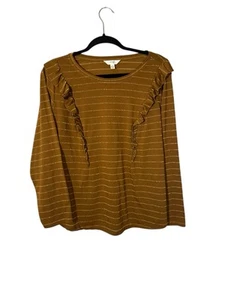 Blusa para mujer Terra & Sky Plus 1X marrón dorado a rayas con volantes manga larga - Imagen 1 de 4