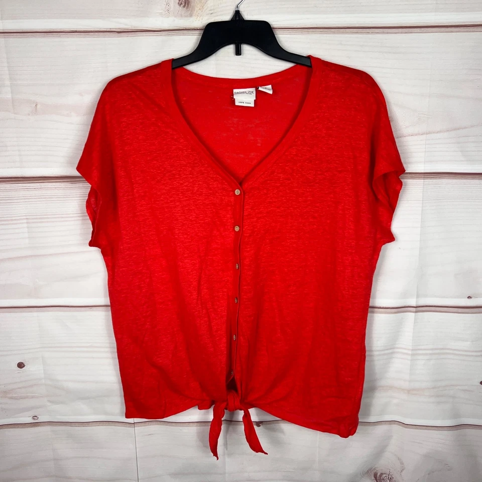 Camiseta Rachel Zoe Top Mujer 1X Lino Rojo Botón Delantero Cuello en V Corbata Cintura Sólida Foto 1 de 4