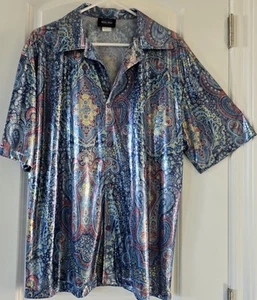 Miller's Outpost Anchor Blue Vtg'90s SS Shiny Iridescent Paisley Shirt L - Picture 1 of 8