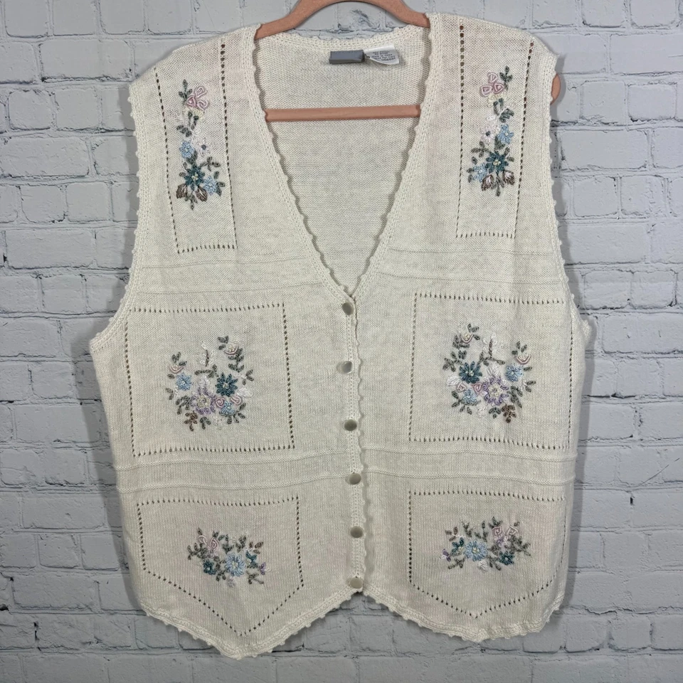 Chaleco Suéter Blair Vintage 2XL Blanco Bordado Floral Cuentas Cottage Granny Chic Foto 1 de 4