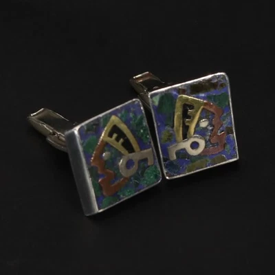 Винтажные мужские запонки из чистого серебра - Мексика малахит лазурит майя ацтеков - 14 г - Изображение 1 из 4