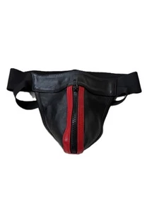 Men,s Leather Jockstrap With Red Front strips With Central zip Elastic Waist - Picture 1 of 3