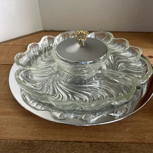 Vintage Kromex 1950 Glas/Crom Lazy Susan Vorspeise Serviertablett mit Deckel - Bild 1 von 9