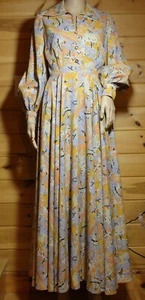 VINTAGE 1970s pastel purple yellow oriental print maxi dress gown SMALL - Picture 1 of 9
