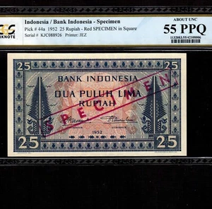 Indonesia 25 Rupiah 1952 P-44as * PCGS AU 55 PPQ * Specimen * - Picture 1 of 2