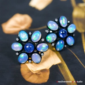 Jellyfish Opal Earrings W/ Diamonds & Tanzanite in 14k White Gold Hook Leverback - Picture 1 of 12