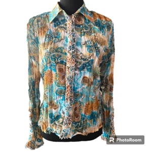Milano Vintage Women's Paisley Crinkle Ruffle Button Down Blouse sz S - Picture 1 of 13