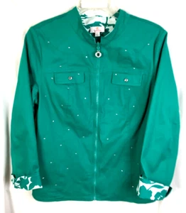 Quacker Factory Print to Solid Reversible Woven Jacket Size L Green B24*U - Picture 1 of 7