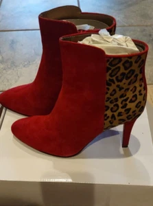 Rote Wildlederstiefel, mit Leopardendetail, Absätze, neu im Karton - Bild 1 von 10