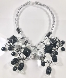 JEFF LIEB VINTAGE GLASS BEADED STATEMENT COLLAR BLACK DANGLE NECKLACE (C940A) - Picture 1 of 5