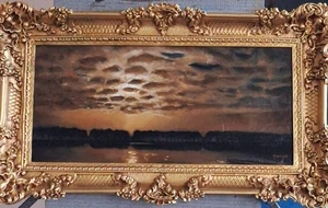 Original Ölgemälde nach  Louis Douzette Abend Sonne Impressionismus Prunkrahmen  - Bild 1 von 20